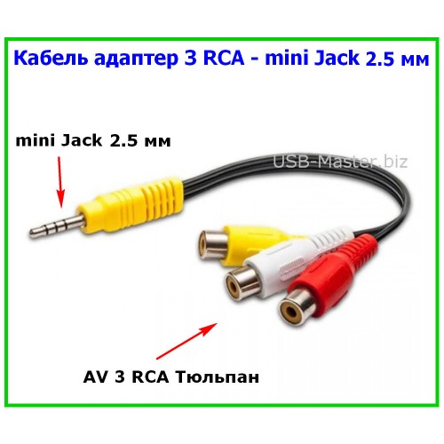 Кабель коаксиальный micro Jack 2.5 mm (Male, папа) - AV 3 RCA Тюльпан (Female, мама)
