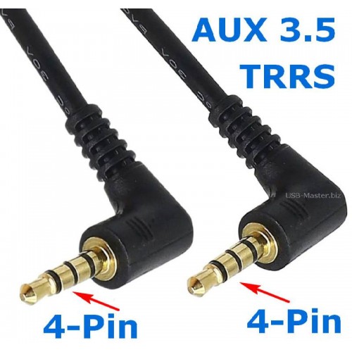 Аудио-кабель Mini Jack 3.5 mm, TRRS, Угловой 90°, 4Pin, Длина 25 см 