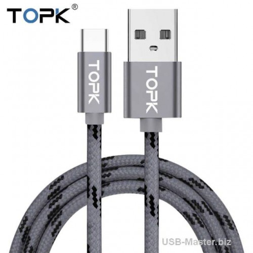 Кабель USB (Male, папа) ‒ Type-C (Male, папа), 3A, TOPK, длина 15см, 50см, 1м