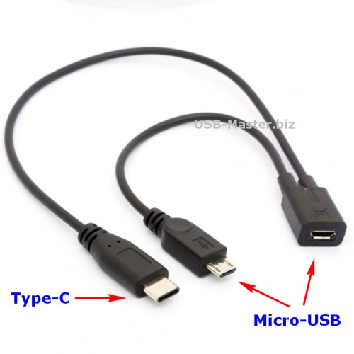 Y-разветвитель Micro-USB (Male/Female) + Type-C (Male, папа), OTG